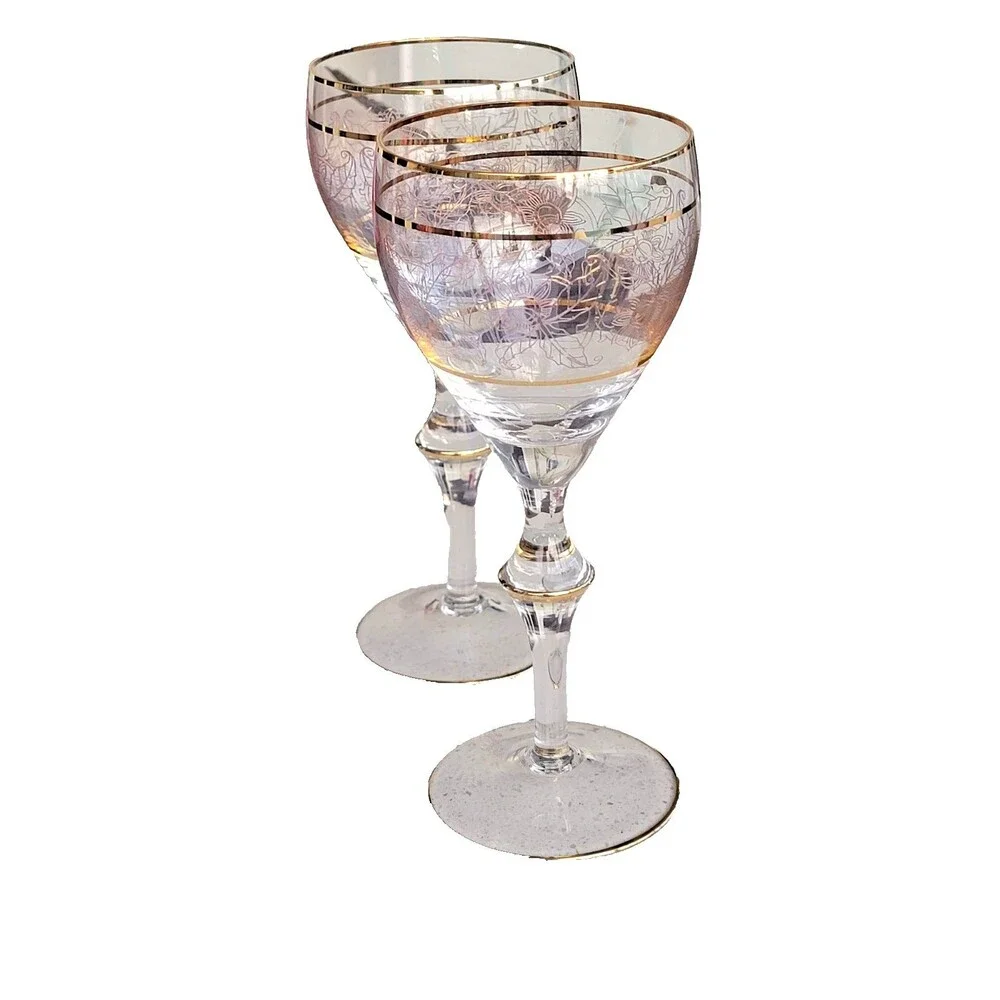 Vintage Crystal Wine Glasses Gold Etched & Banded Stemware Set/2